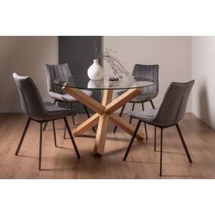 Goya Light Oak Glass 4 Seater Dining Table & 4 Fontana Grey Velvet Fabric Chairs