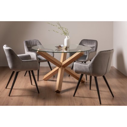 Goya Light Oak Glass 4 Seater Dining Table & 4 Dali Chairs in Grey Velvet Fabric