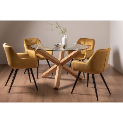 Goya Light Oak Glass 4 Seater Dining Table & 4 Dali Chairs in Mustard Velvet Fabric