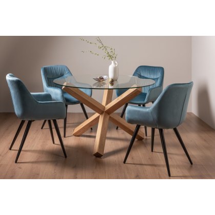 Goya Light Oak Dali Round Dining Set, Glass Dining Table With Navy Blue Chairs