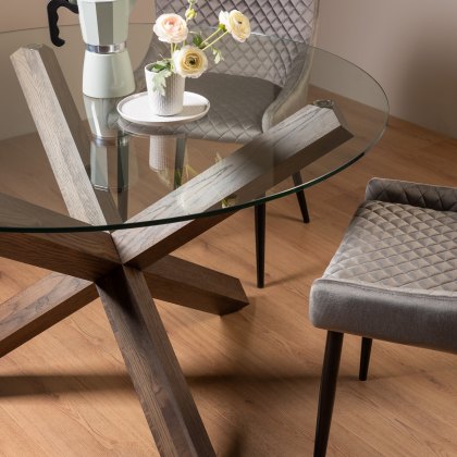 Goya Dark Oak Glass 4 Seater Dining Table & 4 Cezanne Chairs in Grey Velvet Fabric with Black Legs