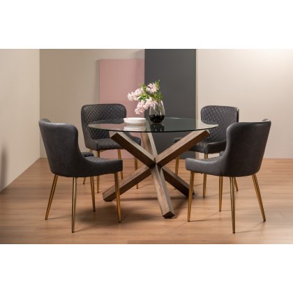 Goya Dark Oak Cezanne Gold Round, Glass Dining Table With Brown Leather Chairs