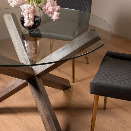 Goya Dark Oak Glass 4 Seater Dining Table & 4 Cezanne Chairs in Dark Grey Faux Leather with Gold Legs