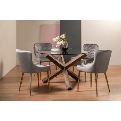 Goya Dark Oak Glass 4 Seater Dining Table & 4 Cezanne Chairs in Grey Velvet Fabric with Gold Legs