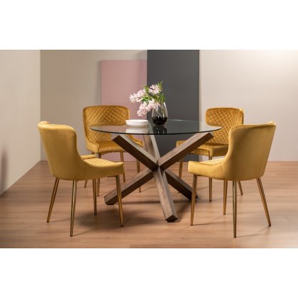 Goya Dark Oak Glass 4 Seater Dining Table & 4 Cezanne Chairs in Mustard Velvet Fabric with Gold Legs