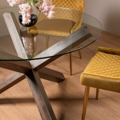 Goya Dark Oak Glass 4 Seater Dining Table & 4 Cezanne Chairs in Mustard Velvet Fabric with Gold Legs