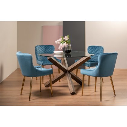 Goya Dark Oak Glass 4 Seater Dining Table & 4 Cezanne Chairs in Petrol Blue Velvet Fabric with Gold Legs