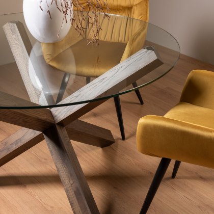 Goya Dark Oak Glass 4 Seater Dining Table & 4 Dali Mustard Velvet Fabric Chairs