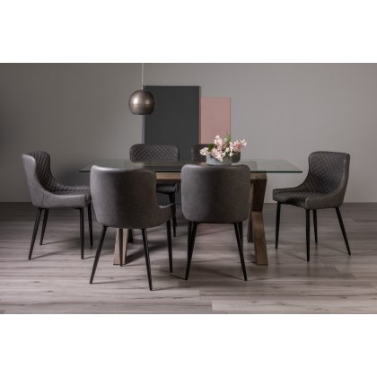 Goya Dark Oak Glass 6 Seater Dining Table & 6 Cezanne Chairs in Dark Grey Faux Leather with Black Legs