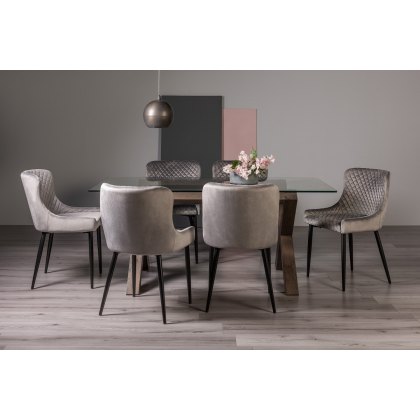 Goya Dark Oak Glass 6 Seater Dining Table & 6 Cezanne Chairs in Grey Velvet Fabric with Black Legs