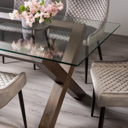 Goya Dark Oak Glass 6 Seater Dining Table & 6 Cezanne Chairs in Grey Velvet Fabric with Black Legs