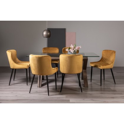 Goya Dark Oak Glass 6 Seater Dining Table & 6 Cezanne Chairs in Mustard Velvet Fabric with Black Legs