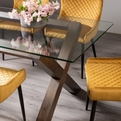 Goya Dark Oak Glass 6 Seater Dining Table & 6 Cezanne Chairs in Mustard Velvet Fabric with Black Legs