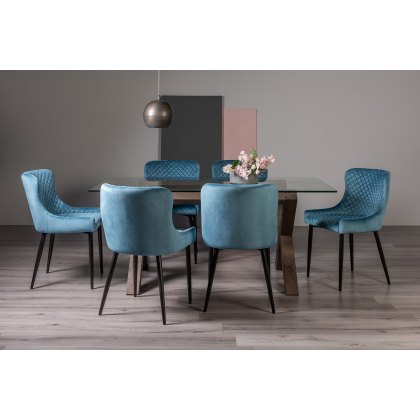 Goya Dark Oak Glass 6 Seater Dining Table & 6 Cezanne Chairs in Petrol Blue Velvet Fabric with Black Legs