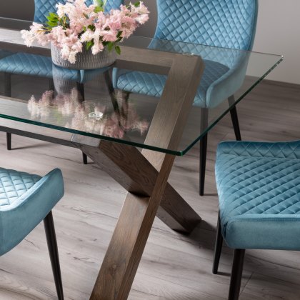 Goya Dark Oak Glass 6 Seater Dining Table & 6 Cezanne Chairs in Petrol Blue Velvet Fabric with Black Legs
