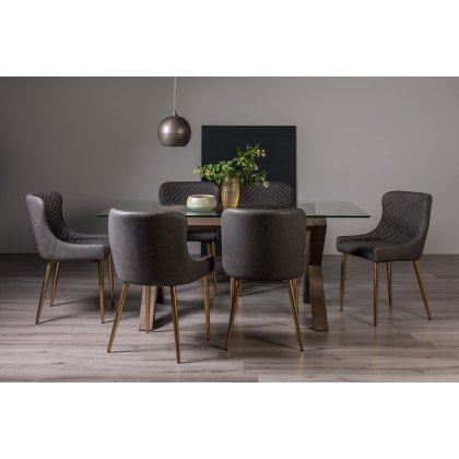 Goya Dark Oak Glass 6 Seater Dining Table & 6 Cezanne Chairs in Dark Grey Faux Leather with Gold Legs