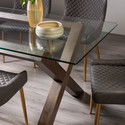 Goya Dark Oak Glass 6 Seater Dining Table & 6 Cezanne Chairs in Dark Grey Faux Leather with Gold Legs
