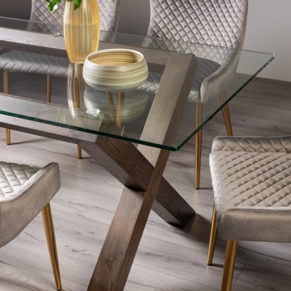 Goya Dark Oak Glass 6 Seater Dining Table & 6 Cezanne Chairs in Grey Velvet Fabric with Gold Legs