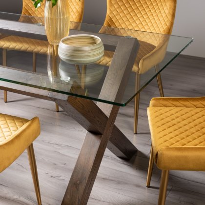 Goya Dark Oak Glass 6 Seater Dining Table & 6 Cezanne Chairs in Mustard Velvet Fabric with Gold Legs