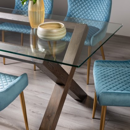 Goya Dark Oak Glass 6 Seater Dining Table & 6 Cezanne Chairs in Petrol Blue Velvet Fabric with Gold Legs