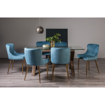 Goya Dark Oak Glass 6 Seater Dining Table & 6 Cezanne Chairs in Petrol Blue Velvet Fabric with Gold Legs