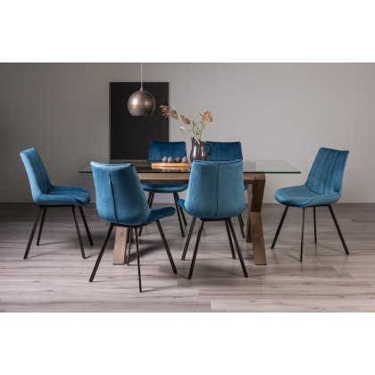 Goya Dark Oak Glass 6 Seater Dining Table & 6 Fontana Blue Velvet Fabric Chairs