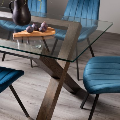 Goya Dark Oak Glass 6 Seater Dining Table & 6 Fontana Blue Velvet Fabric Chairs
