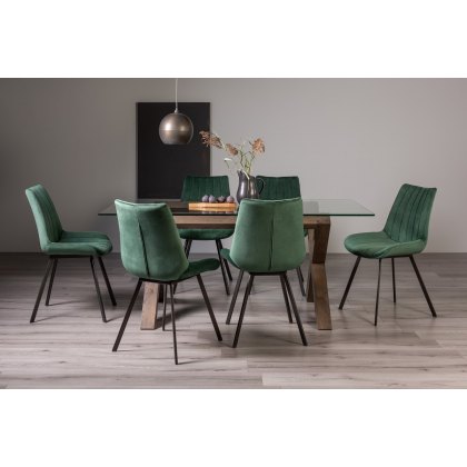 Goya Dark Oak Glass 6 Seater Dining Table & 6 Fontana Green Velvet Fabric Chairs