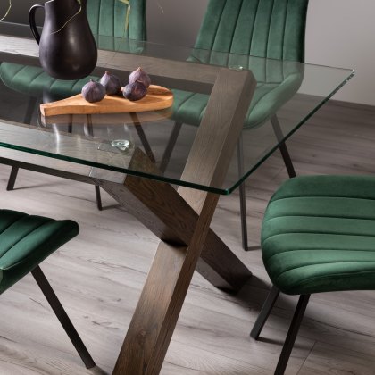 Goya Dark Oak Glass 6 Seater Dining Table & 6 Fontana Green Velvet Fabric Chairs
