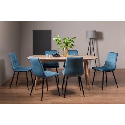 Johansen Scandi Oak 6 Seater Dining Table & 6 Mondrian Petrol Blue Velvet Fabric Chairs