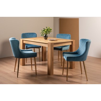 Blake Light Oak 4-6 Dining Table & 4 Cezanne Chairs in Petrol Blue Velvet Fabric with Gold Legs