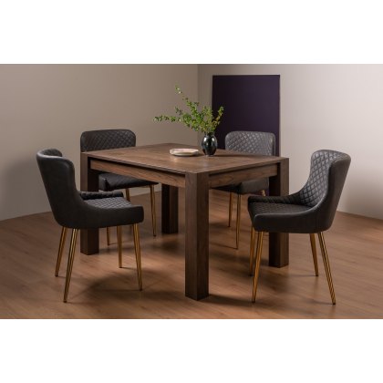 Blake Dark Oak 4-6 Dining Table & 4 Cezanne Chairs in Dark Grey Faux Leather with Gold Legs