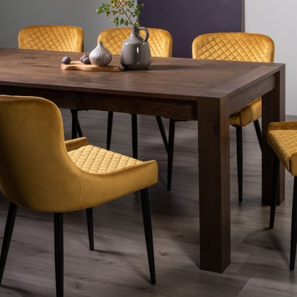 Blake Dark Oak 8-10 Dining Table & 8 Cezanne Chairs in Mustard Velvet Fabric with Black Legs