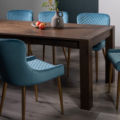 Blake Dark Oak 8-10 Dining Table & 8 Cezanne Chairs in Petrol Blue Velvet Fabric with Black Legs