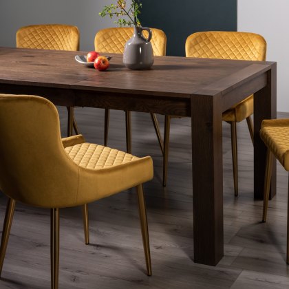 Blake Dark Oak 8-10 Dining Table & 8 Cezanne Chairs in Mustard Velvet Fabric with Gold Legs