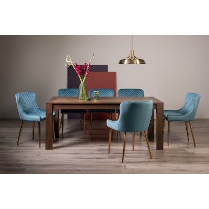 Blake Dark Oak 8-10 Dining Table & 8 Cezanne Chairs in Petrol Blue Velvet Fabric with Gold Legs