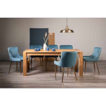 Blake Light Oak 8-10 Dining Table & 8 Cezanne Chairs in Petrol Blue Velvet Fabric with Gold Legs