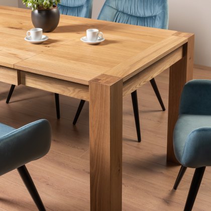 Blake Light Oak 4-6 Dining Table & 4 Dali Petrol Blue Velvet Fabric Chairs