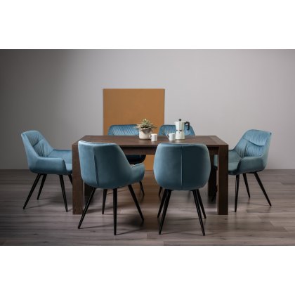 Blake Dark Oak 6-8 Dining Table & 6 Dali Petrol Blue Velvet Fabric Chairs