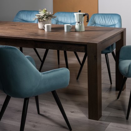 Blake Dark Oak 6-8 Dining Table & 6 Dali Petrol Blue Velvet Fabric Chairs