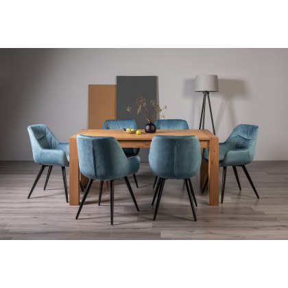 Blake Light Oak 6-8 Dining Table & 6 Dali Petrol Blue Velvet Fabric Chairs