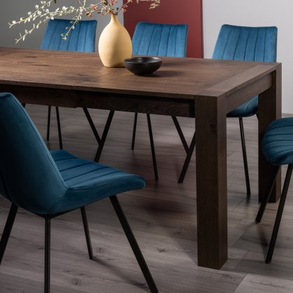 Blake Dark Oak 6-8 Dining Table & 6 Fontana Blue Velvet Fabric Chairs