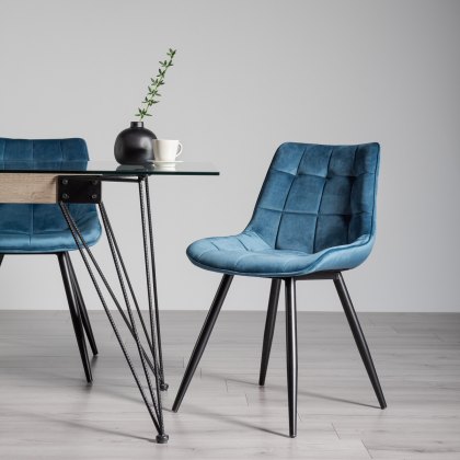 Seurat Blue Velvet Fabric Chairs with Black Legs