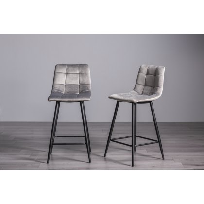 Mondrian Grey Velvet Fabric Bar Stools with Black Legs