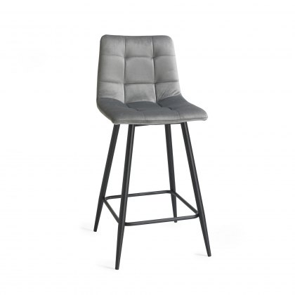 Mondrian Grey Velvet Fabric Bar Stools with Black Legs