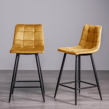 Mondrian Mustard Velvet Fabric Bar Stools with Black Legs