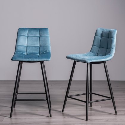 Mondrian Petrol Blue Velvet Fabric Bar Stools with Black Legs