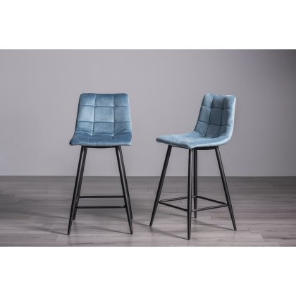 Mondrian Petrol Blue Velvet Fabric Bar Stools with Black Legs