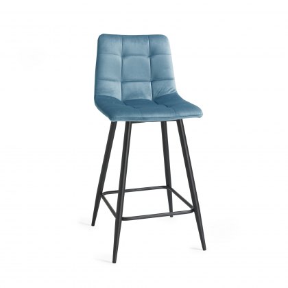 Mondrian Petrol Blue Velvet Fabric Bar Stools with Black Legs