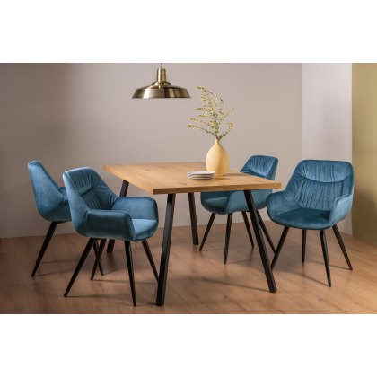 Ramsay Oak Effect 6 Seater Dining Table with 4 Legs & 4 Dali Petrol Blue Velvet Fabric Chairs